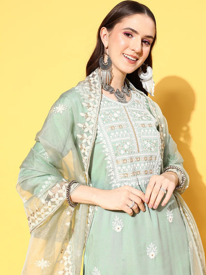 Dhiyona VA Women's Ethnic Motifs Embroidered Thread Work Kurta with Trousers & With Dupatta