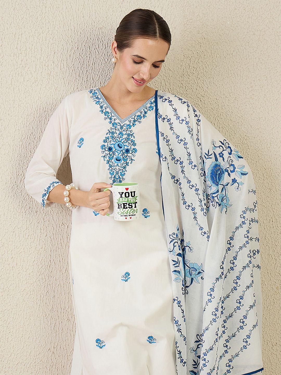 Women Floral Embroidered Cotton Kurta with Trousers & Dupatta