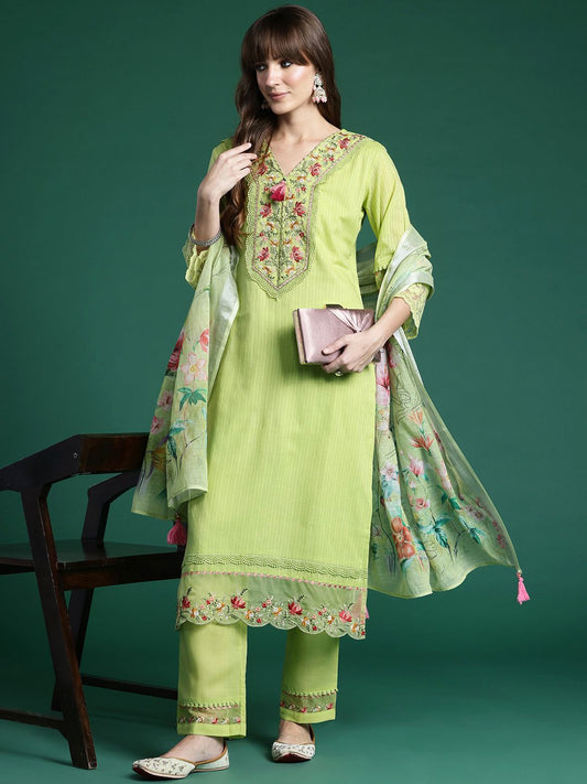 Dhiyona IE Floral Embroidered Thread Work Linen Kurta with Trousers & Dupatta