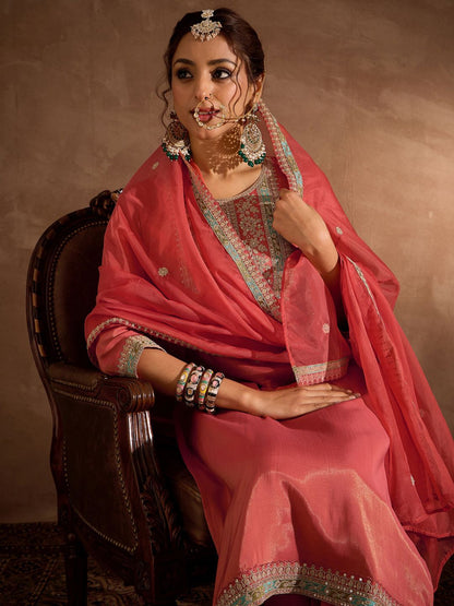 Floral Yoke Design Thread Work Straight Kurta With Trousers & Dupatta