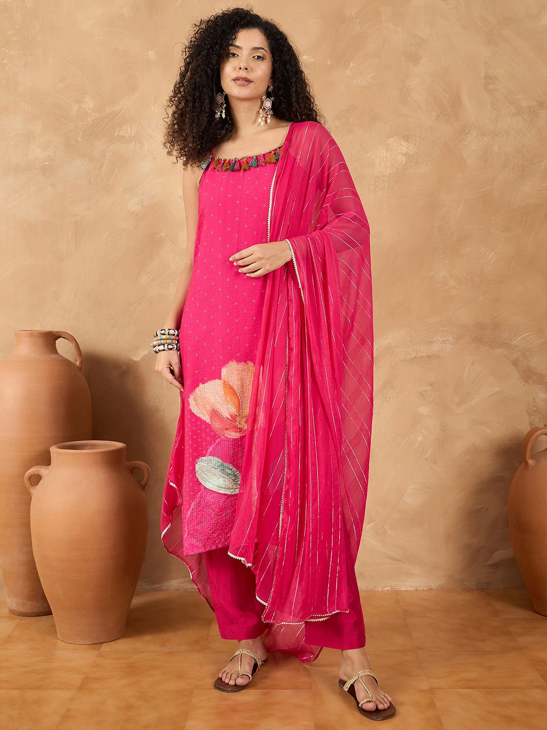 Dhiyona VA Women's Spaghetti Strap Floral Kurta with Trousers & Dupatta