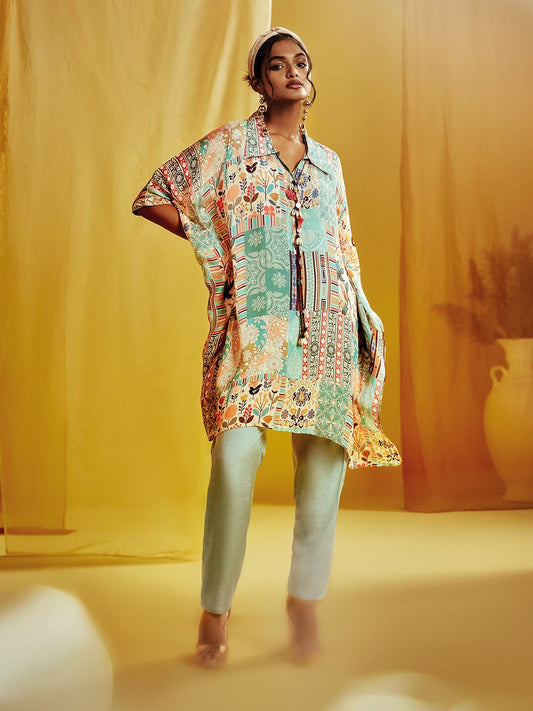 Dhiyona SO Women's Blue Floral Printed Pure Cotton Kaftan Kurta With Inner & Trouser