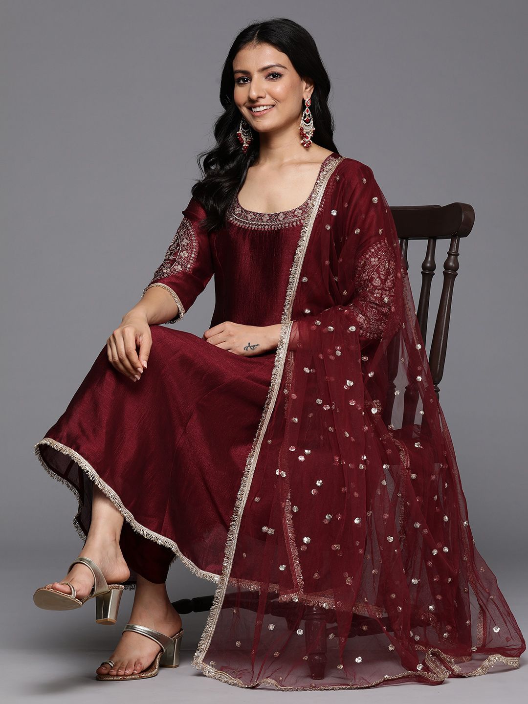 Dhiyona VA Women's Ethnic Motifs Embroidered Anarkali Kurta with Palazzos & With Dupatta