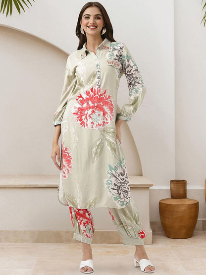 Dhiyona IS Women's Floral Printed Shirt Collar Straight Kurta With Trouser