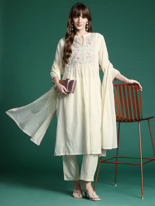 Dhiyona IE Floral Embroidered Panelled Thread Work Pure Cotton Kurta With Trousers & Dupatta