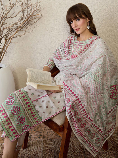 Women Floral Printed Cotton Kurta with Trousers & Dupatta