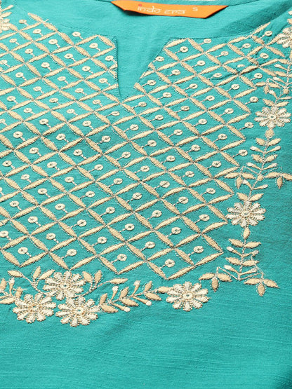 Dhiyona IE Women Sea Green Yoke Design Thread Work Floral Chanderi Silk Chanderi Silk Kurta