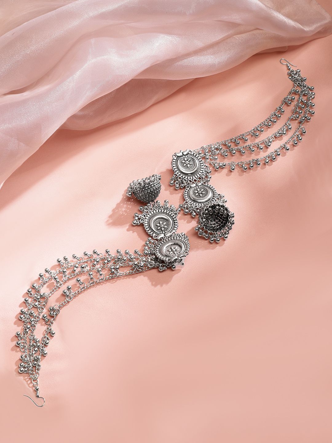 Dhiyona RJ Women's Oxidised Silver Plated Ghumroo Beaded Dome Jhumka with Triple Layer Hair Chain