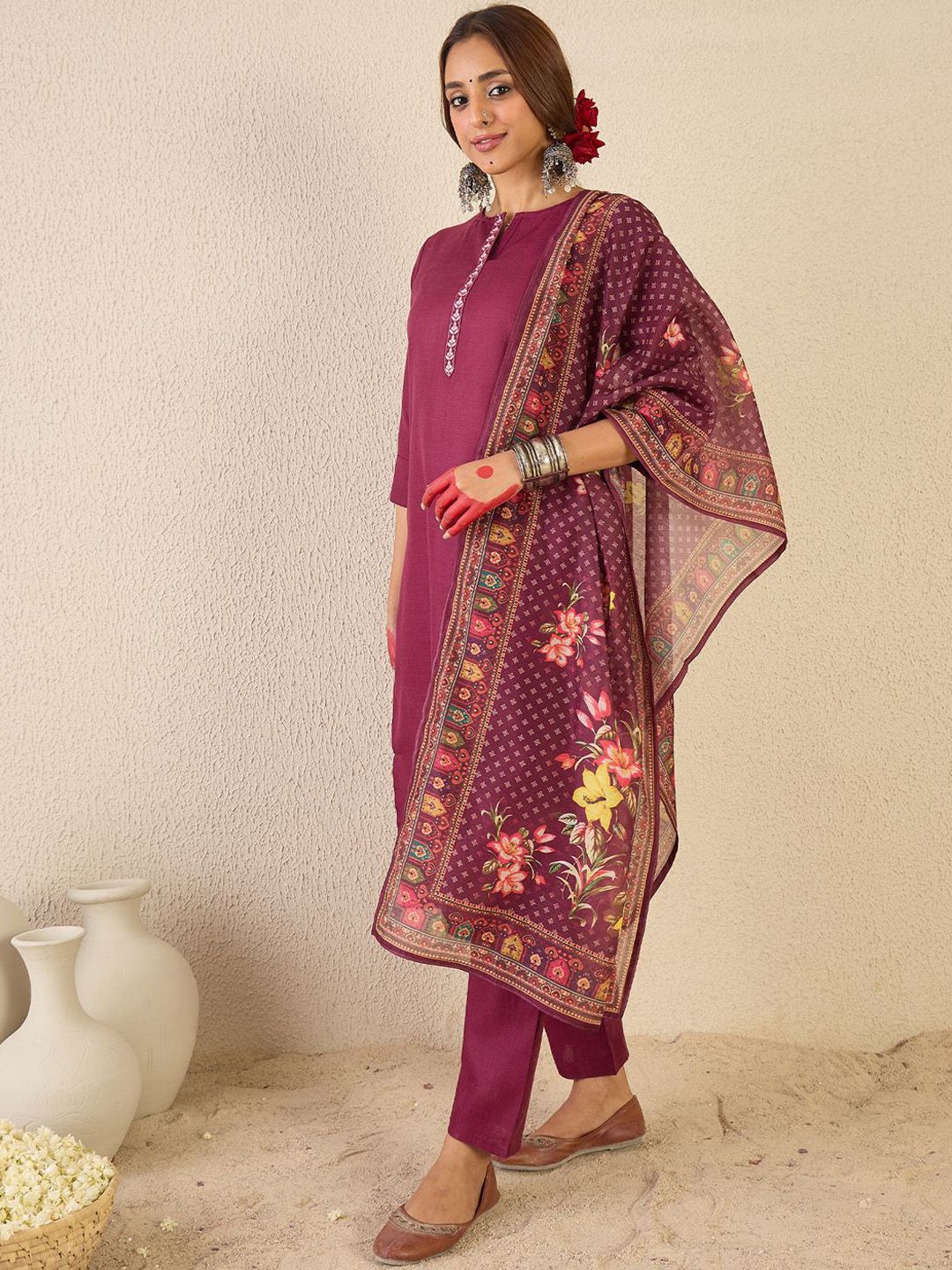 Women Ethnic Motifs Embroidered Regular Kurta with Trousers & Printed Dupatta