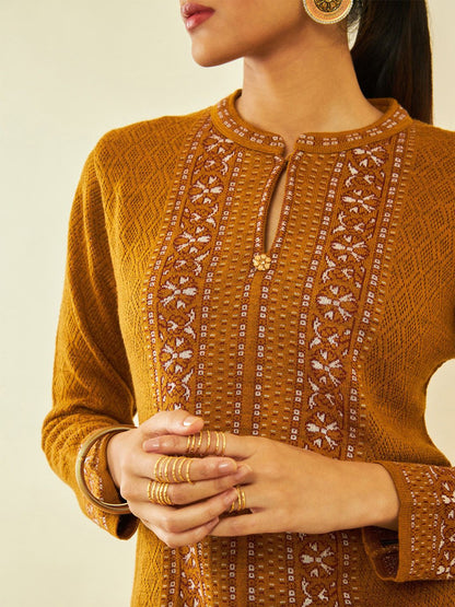 Dhiyona SO Women's Mustard Yellow Self Design Regular Straight Kurta with Trousers