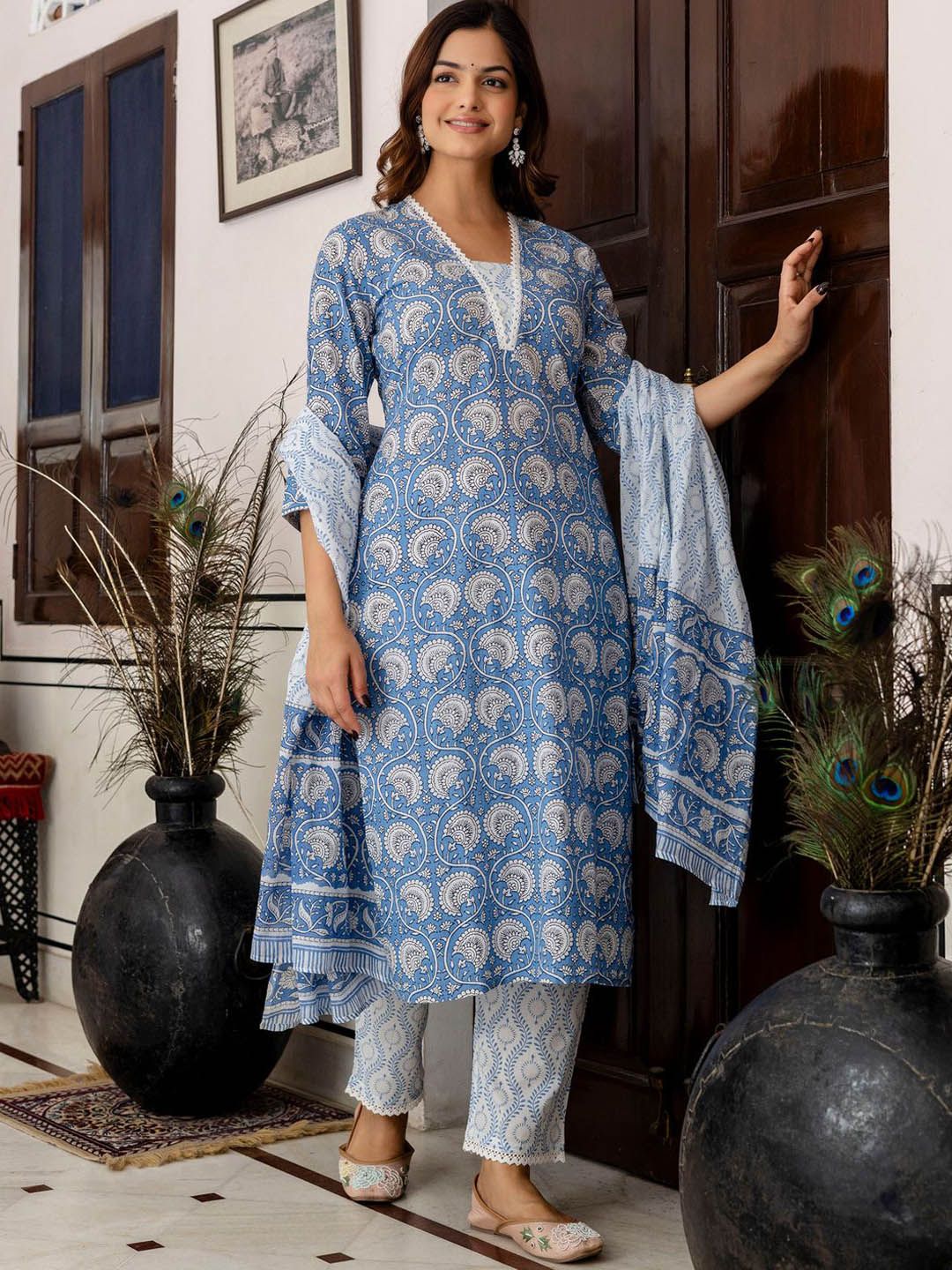 Dhiyona IE Floral Printed Pure Cotton Kurta With Trousers & Dupatta