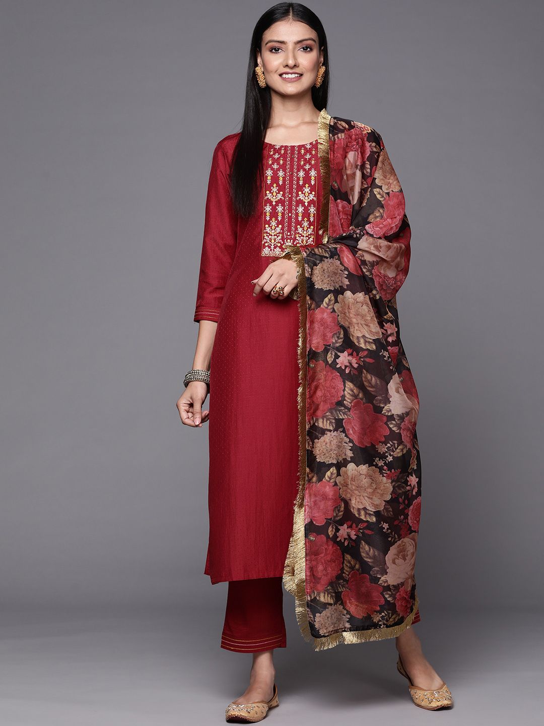 Dhiyona VA Women's Maroon & Beige Floral Embroidered Thread Work Kurta with Trousers & Dupatta