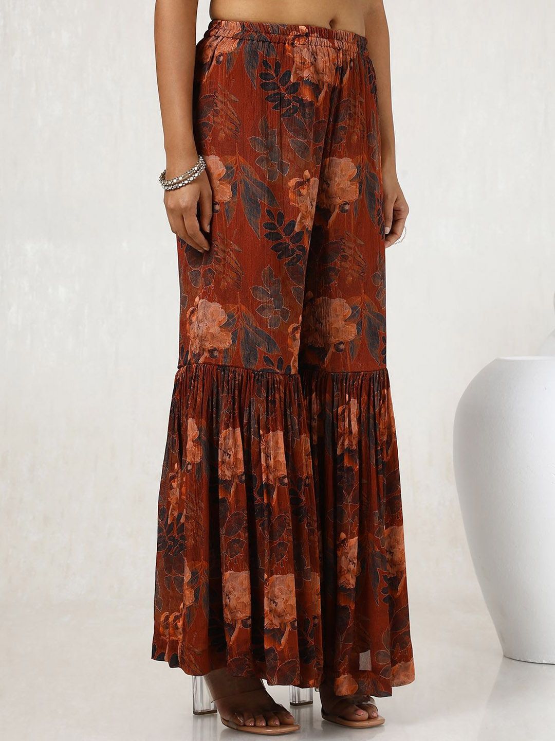Dhiyona SO Women's Floral Printed Mirror Work Anarkali Kurta with Sharara & With Dupatta