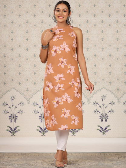 Dhiyona OD  Floral Printed Sleeveless Pure Cotton Straight Kurta