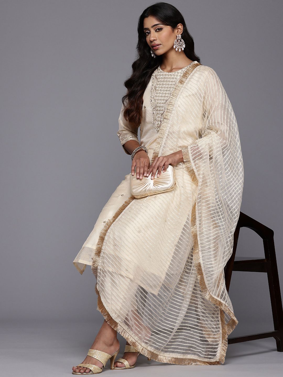 Dhiyona VA Women'sEthnic Motifs Embroidered Sequinned Brocade Kurta With Trousers & Dupatta