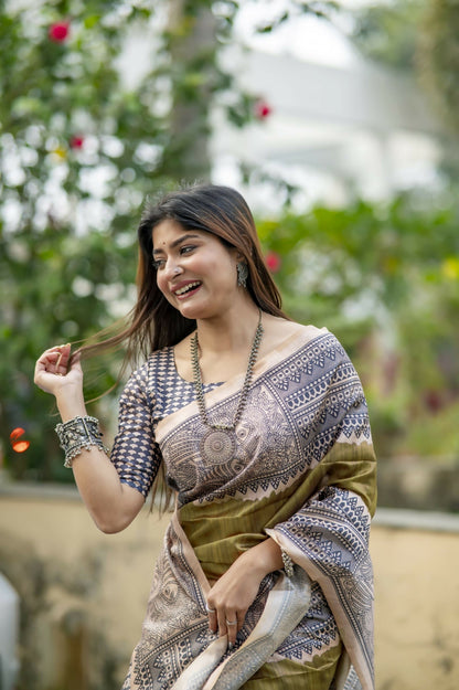 Women Yogita Madhubani 3 Mahendi Saree With Unstiched Blouse