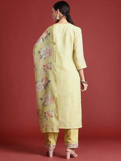 Floral Embroidered Thread Work Linen Kurta with Trousers & With Dupatta