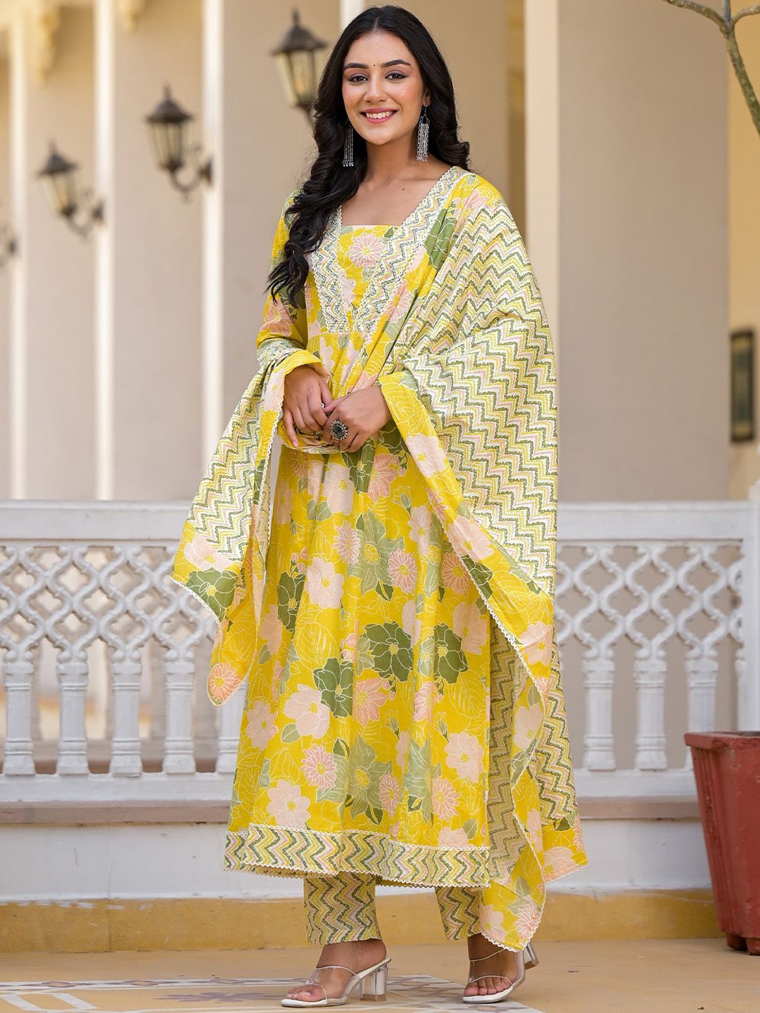 Dhiyona IS Women's Floral Printed Panelled Beads and Stones Anarkali Kurta With Trouser & Dupatta