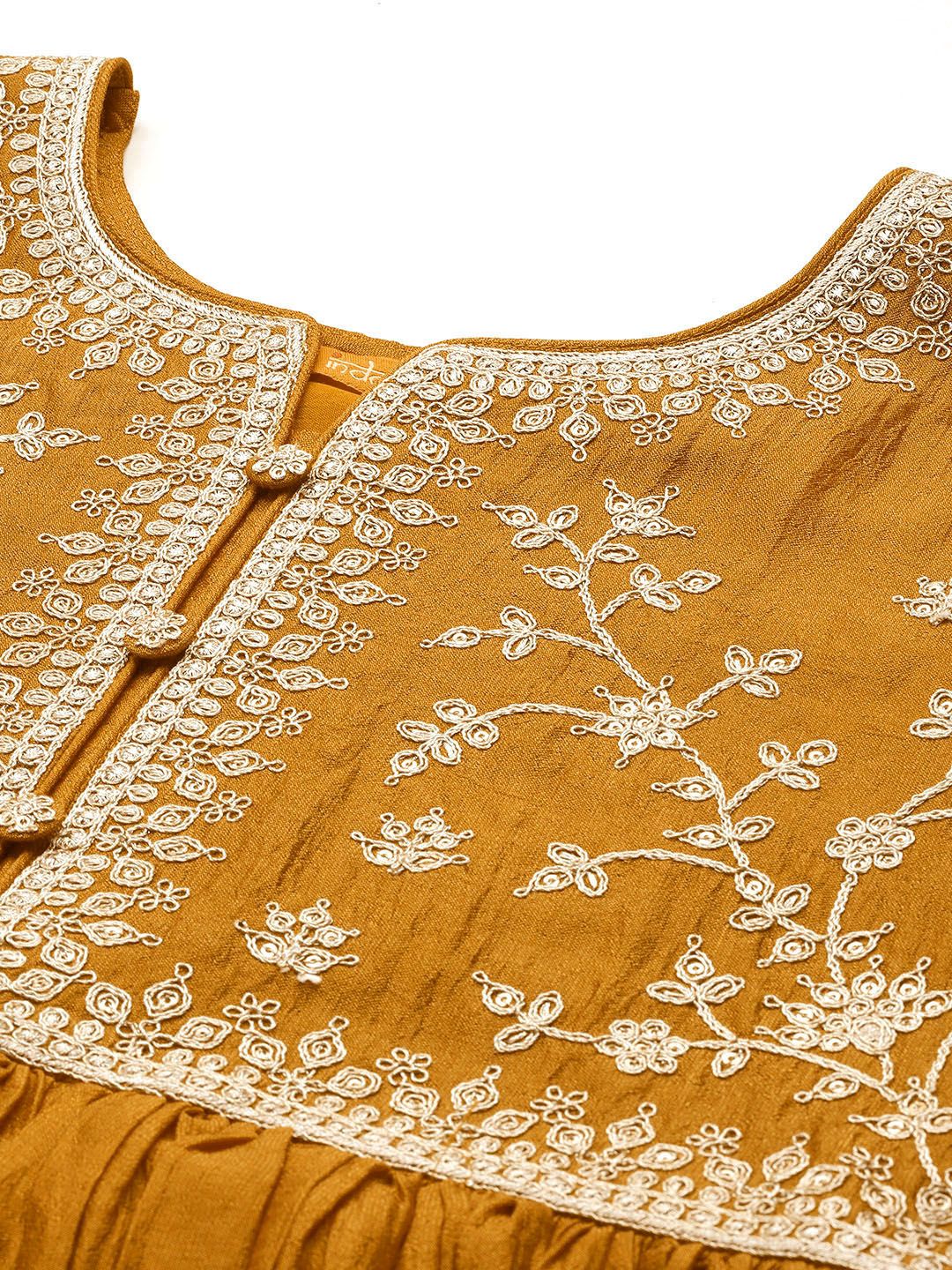 Floral Embroidered Pleated Zari Kurta With Trousers & Dupatta