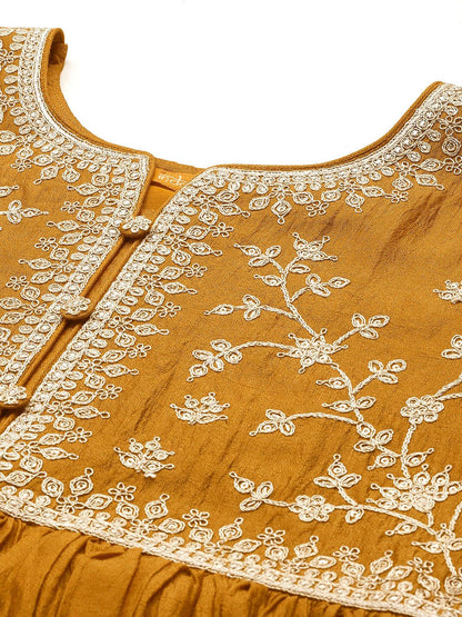 Floral Embroidered Pleated Zari Kurta With Trousers & Dupatta