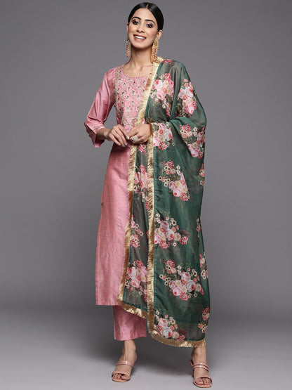 Dhiyona VA Women'sFloral Yoke Design Sequinned Dupion Silk Straight Kurta with Trouser & Dupatta