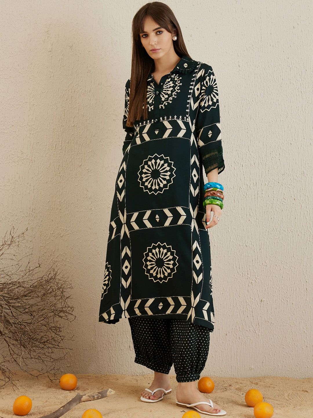 Floral Printed Sequinned Shirt Collar A-Line Kurta with Salwar