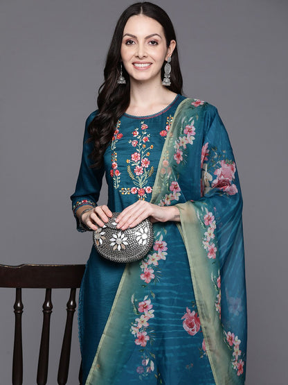 Women Floral Embroidered Regular Thread Work Kurta with Trousers & With Dupatta
