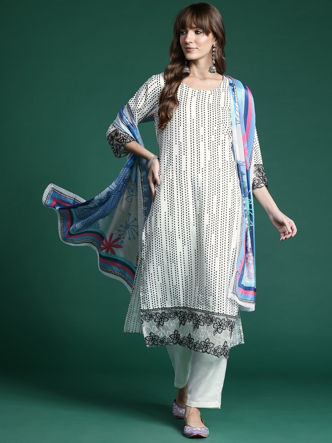 Embroidered Regular Thread Work Kurta with Trousers & Dupatta