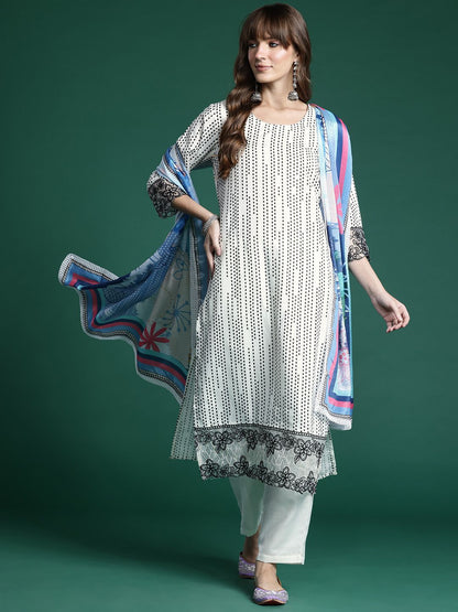 Embroidered Regular Thread Work Kurta with Trousers & Dupatta