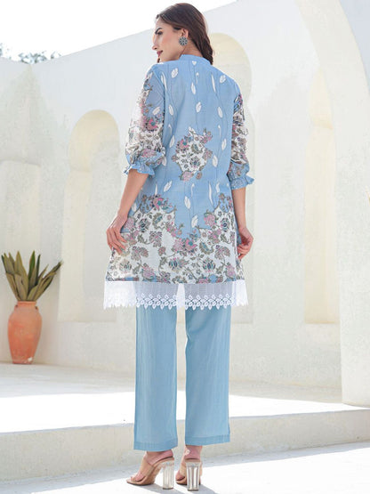 Floral Printed Mandarin Collar A-Line Pure Cotton Kurta With Trousers