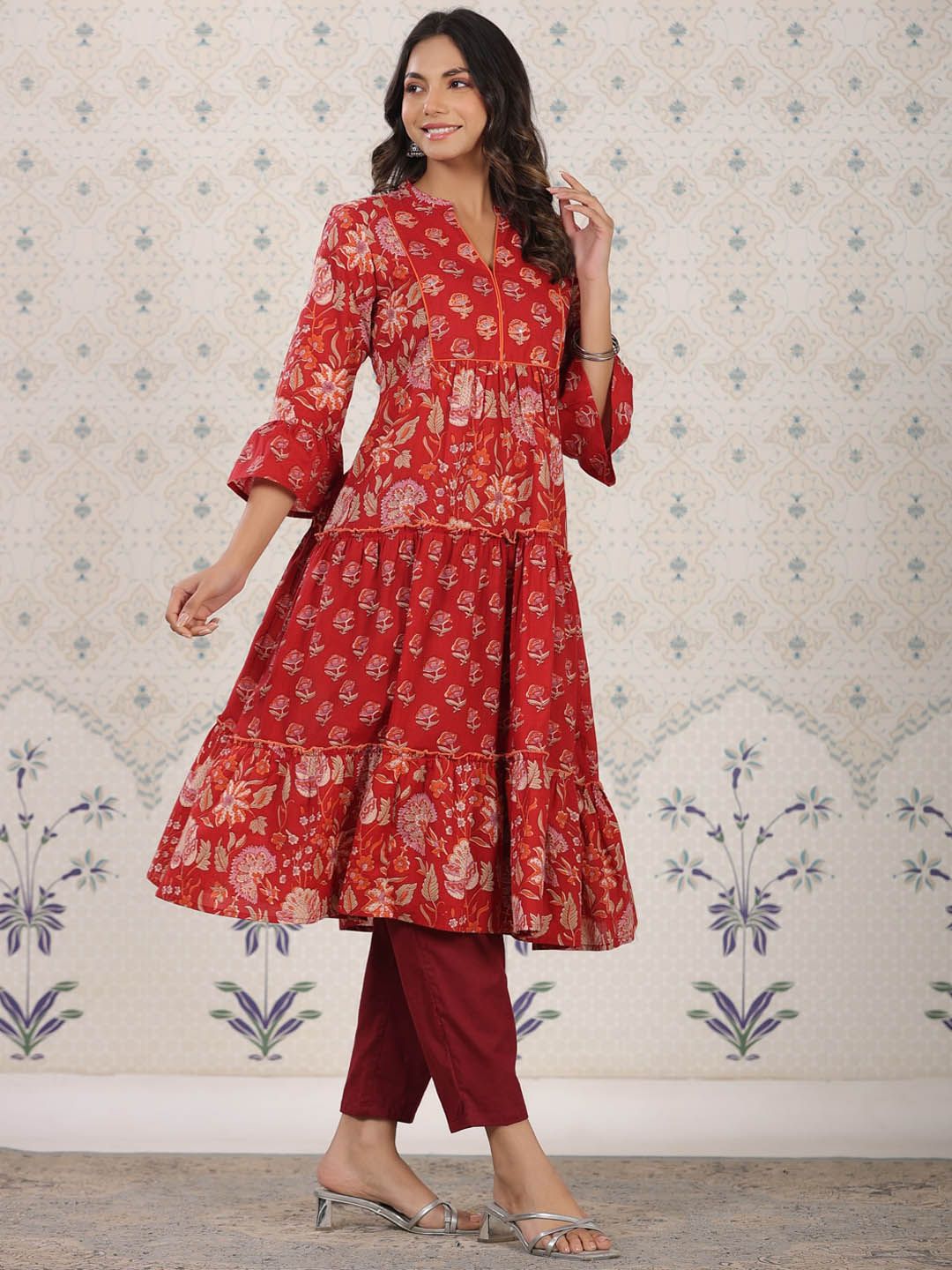 Dhiyona OD  Ethnic Motifs Printed Bell Sleeves A-Line Cotton Kurta