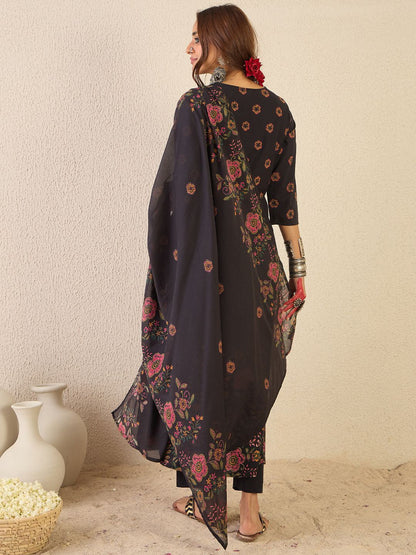 Floral Printed Round Neck Anarkali Pure Cotton Kurta With Trousers & With Dupatta