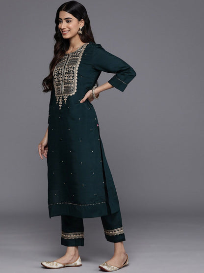 Dhiyona VA Women'sGreen Ethnic Motifs Embroidered Straight Kurta With Trousers & Dupatta