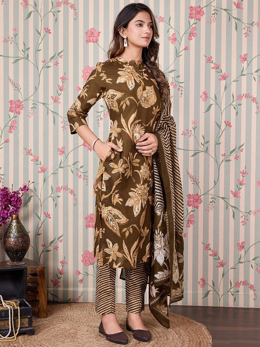 Dhiyona OD  Floral Printed Regular Pure Cotton Kurta with Trousers & Dupatta