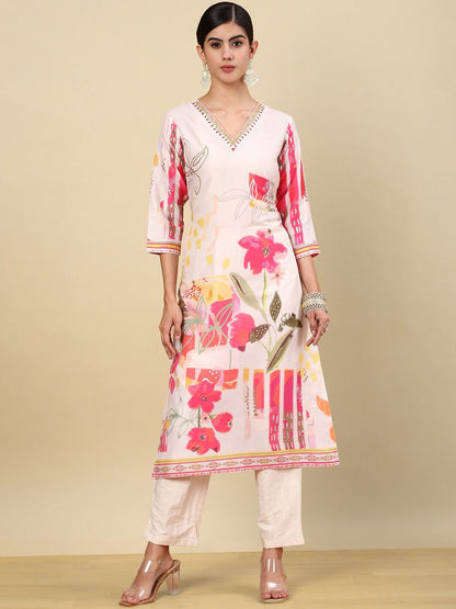 Dhiyona SO Women's Floral Printed Regular Thread Work Kurta with Trouser