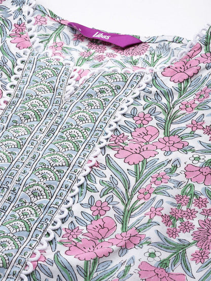 Dhiyona LB Women's Floral Printed Regular Pure Cotton Kurta with Palazzos & Dupatta