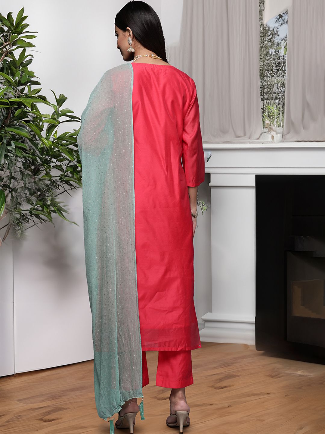 Dhiyona VA Women's Floral Yoke Design Sequinned Kurta with Trousers & With Dupatta