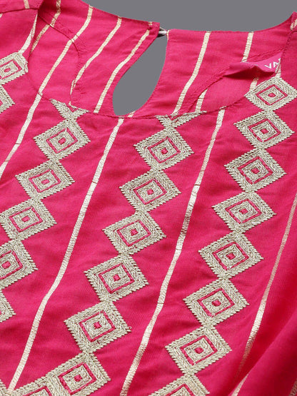 Dhiyona VA Women's Pink Embroidered Chanderi Silk Kurta with Trousers