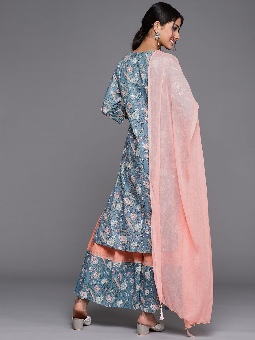 Dhiyona VA Women's Blue Ethnic Motifs Printed Straight Kurta with Sharara & With Dupatta