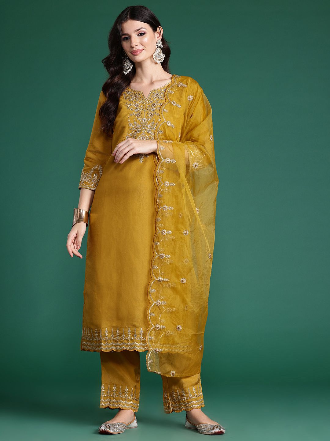 Dhiyona IE Ethnic Motifs Embroidered Regular Gotta Patti Kurta with Trousers & With Dupatta