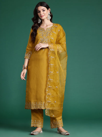Dhiyona IE Ethnic Motifs Embroidered Regular Gotta Patti Kurta with Trousers & With Dupatta