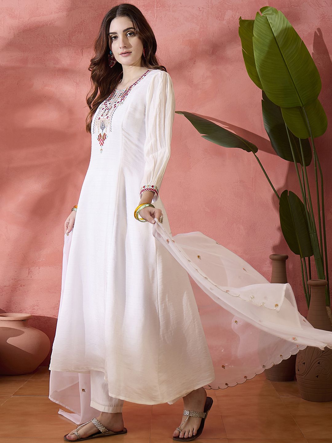Dhiyona SN Women's White Thread Work Round Neck A-Line Kurta With Trousers And Dupatta