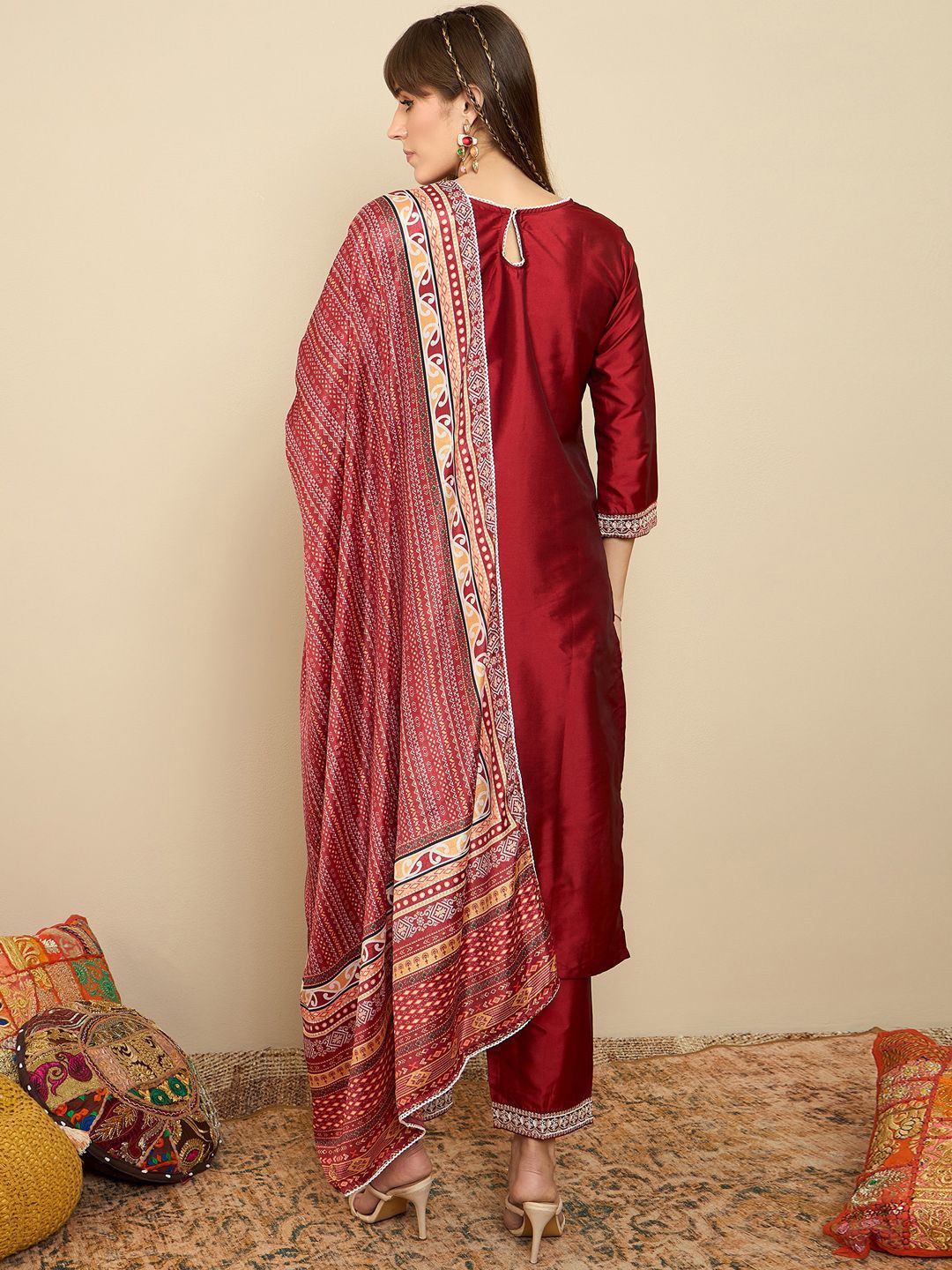 Straight Sequinned Kurta with Trousers & Dupatta