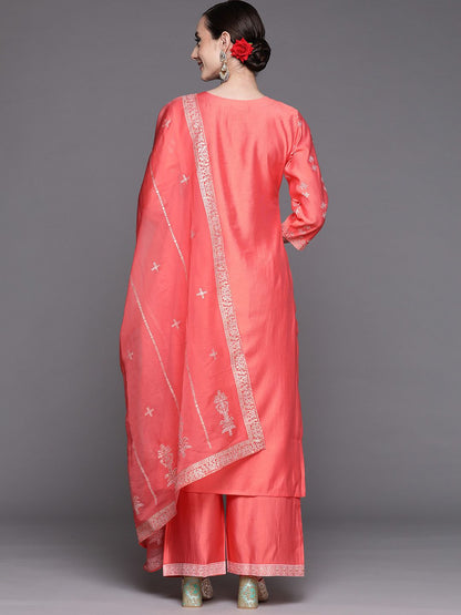Women Pink Ethnic Motifs Printed Liva Kurta with Palazzos & With Dupatta