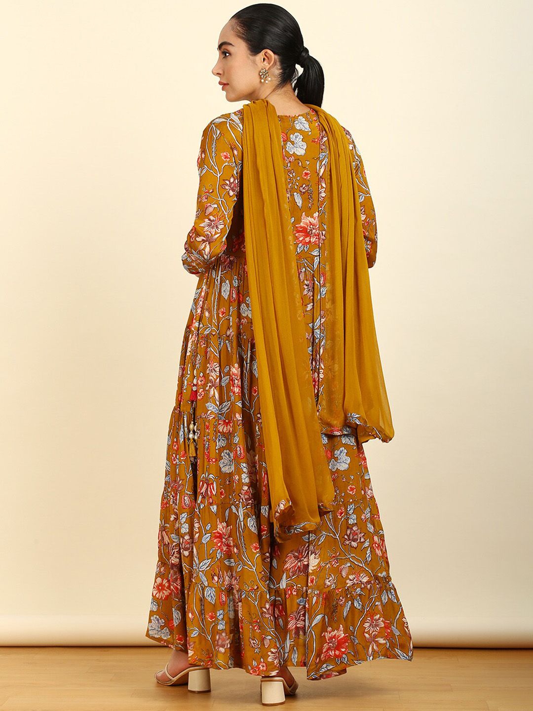 Dhiyona SO Women's Floral Printed Angrakha Mirror Work Anarkali Kurta with Trousers & With Dupatta