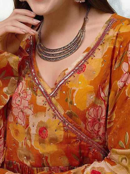 Dhiyona IS Women's Floral Printed Sequinned Angrakha Straight Kurta with Trousers & Dupatta