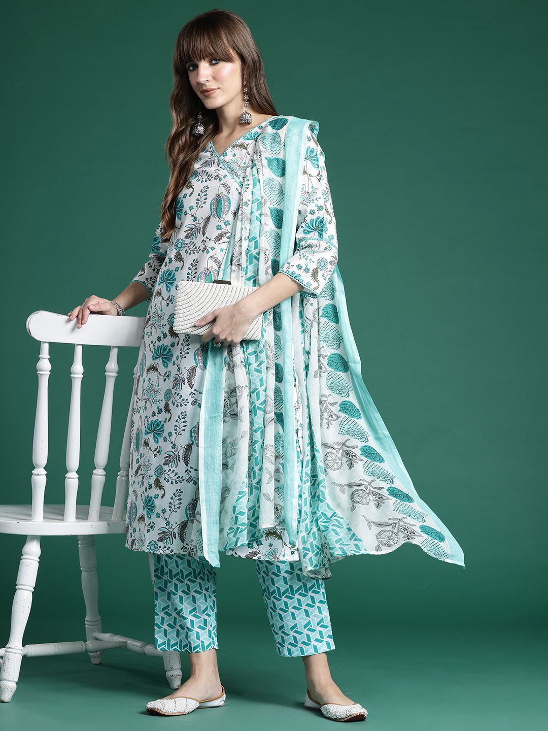 Dhiyona IE Floral Printed Pure Cotton Kurta with Trousers & With Dupatta