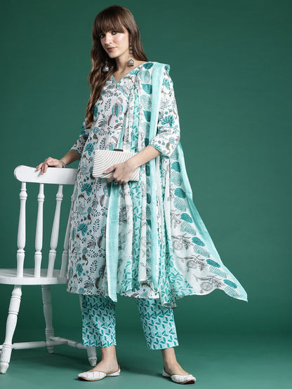 Dhiyona IE Floral Printed Pure Cotton Kurta with Trousers & With Dupatta