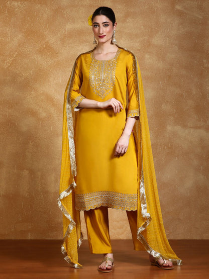 Dhiyona VA Women'sFloral Yoke Design Round Neck Straight Kurta With Trousers & Dupatta