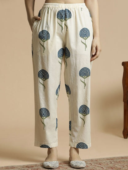 Women's Floral Printed Regular Mirror Work Pure Cotton A-Line Kurta with Palazzos